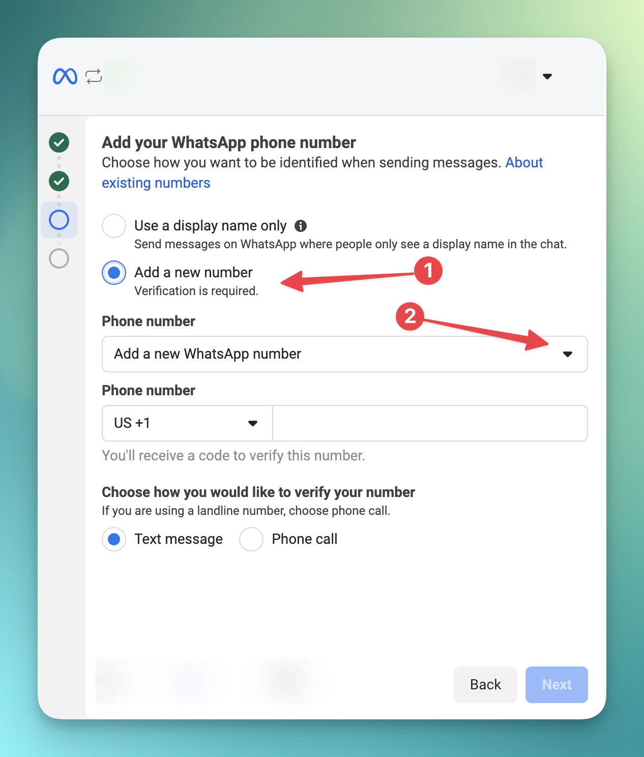 Click Add New Number in Meta signup