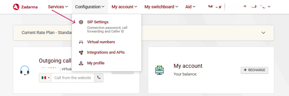 Zadarma SIP Settings