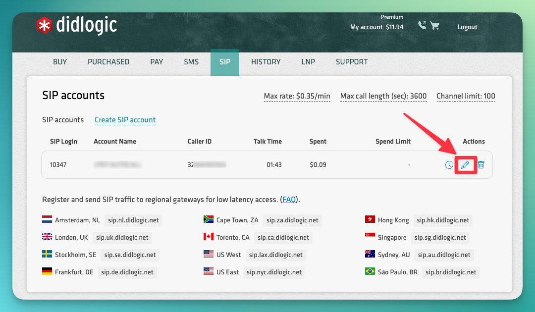 DIDLogic Edit SIP account