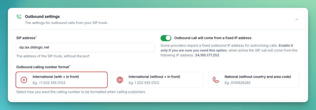 Outbound SIP settings