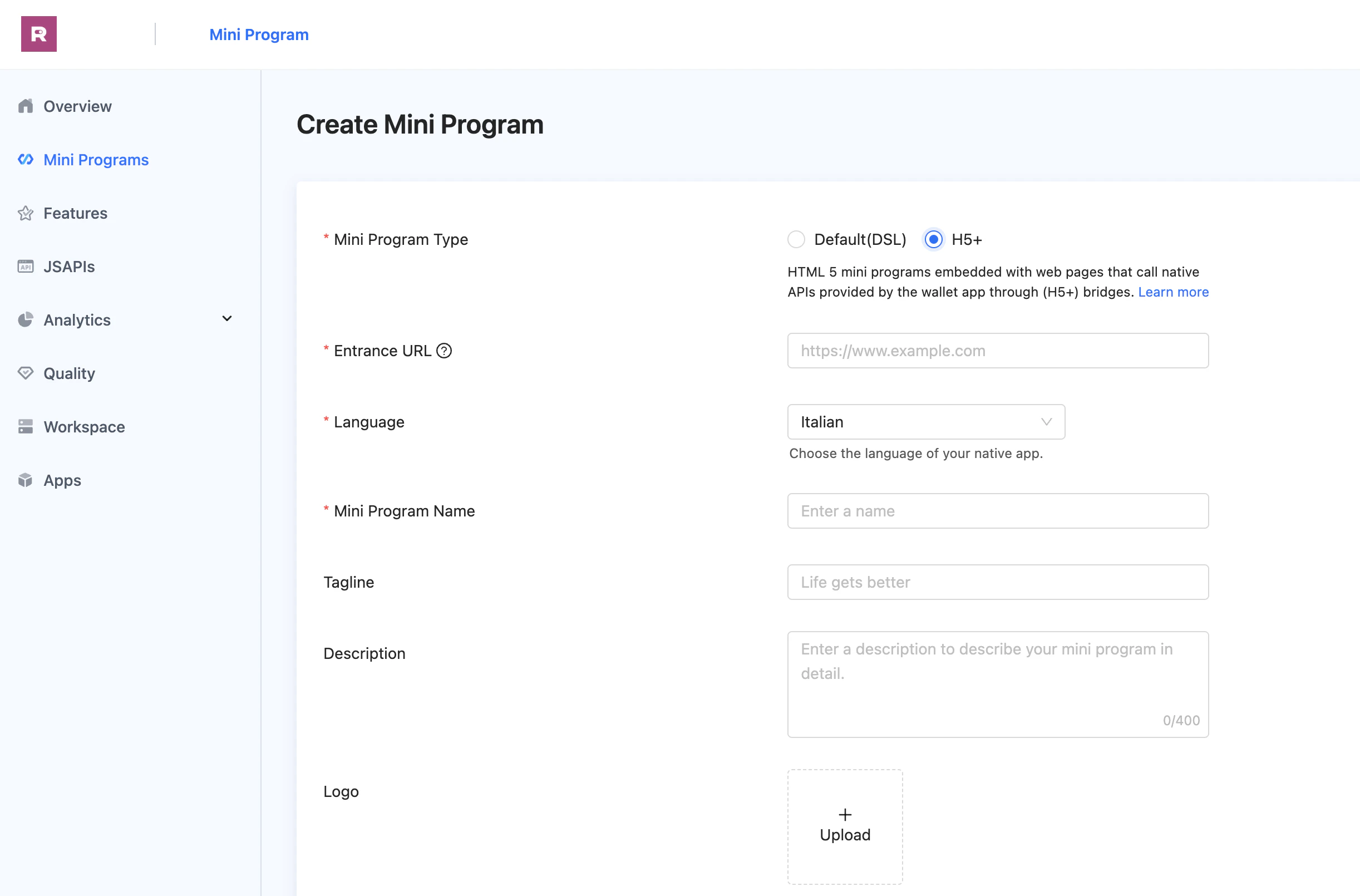 Create H5 Mini App in the developer portal