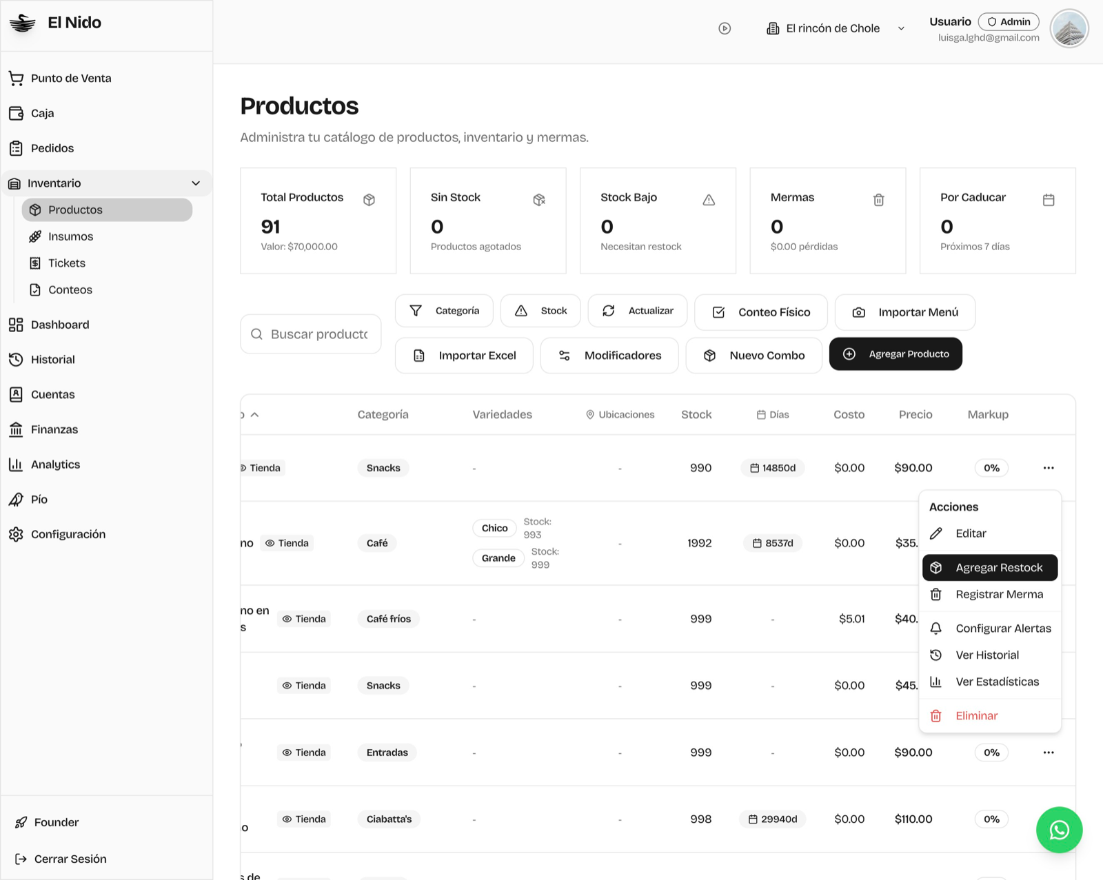 Menú de acciones de un producto con la opción Agregar Restock resaltada