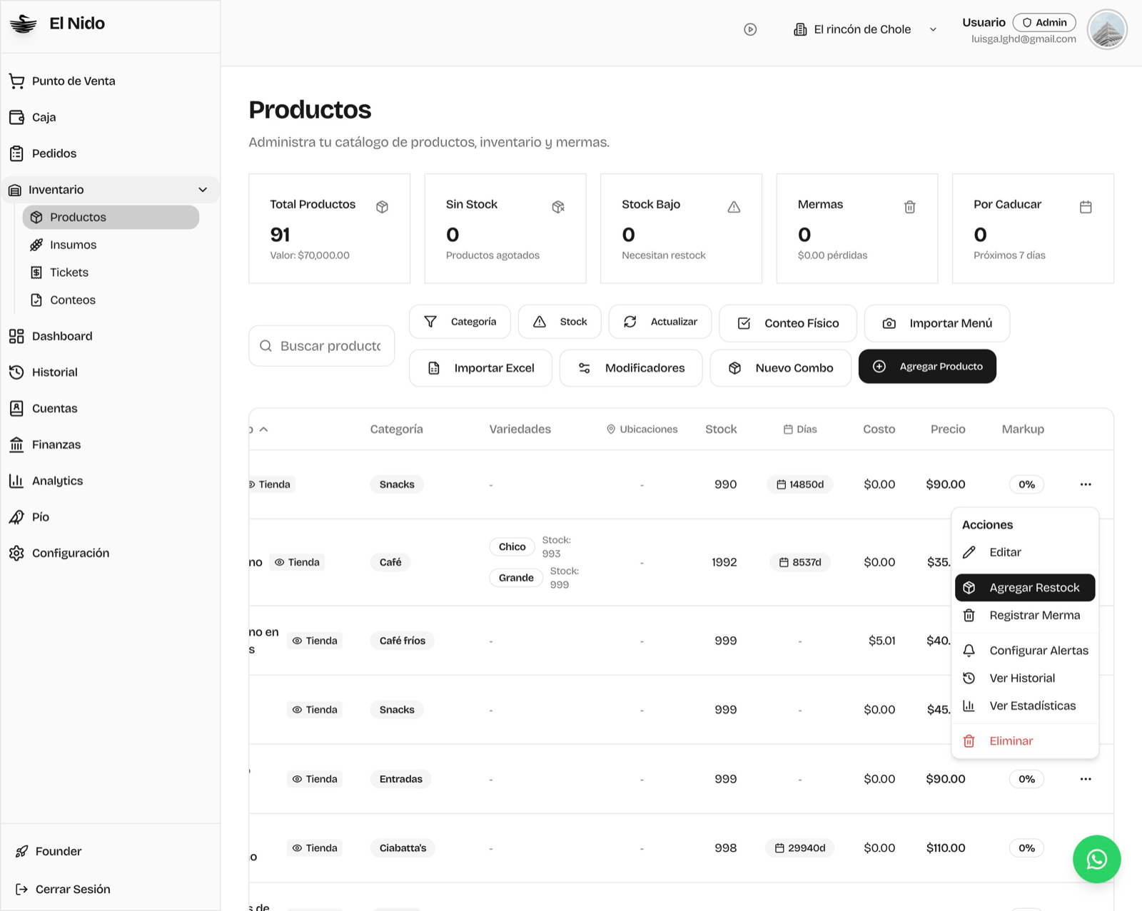 Menú de acciones de un producto con la opción Agregar Restock resaltada