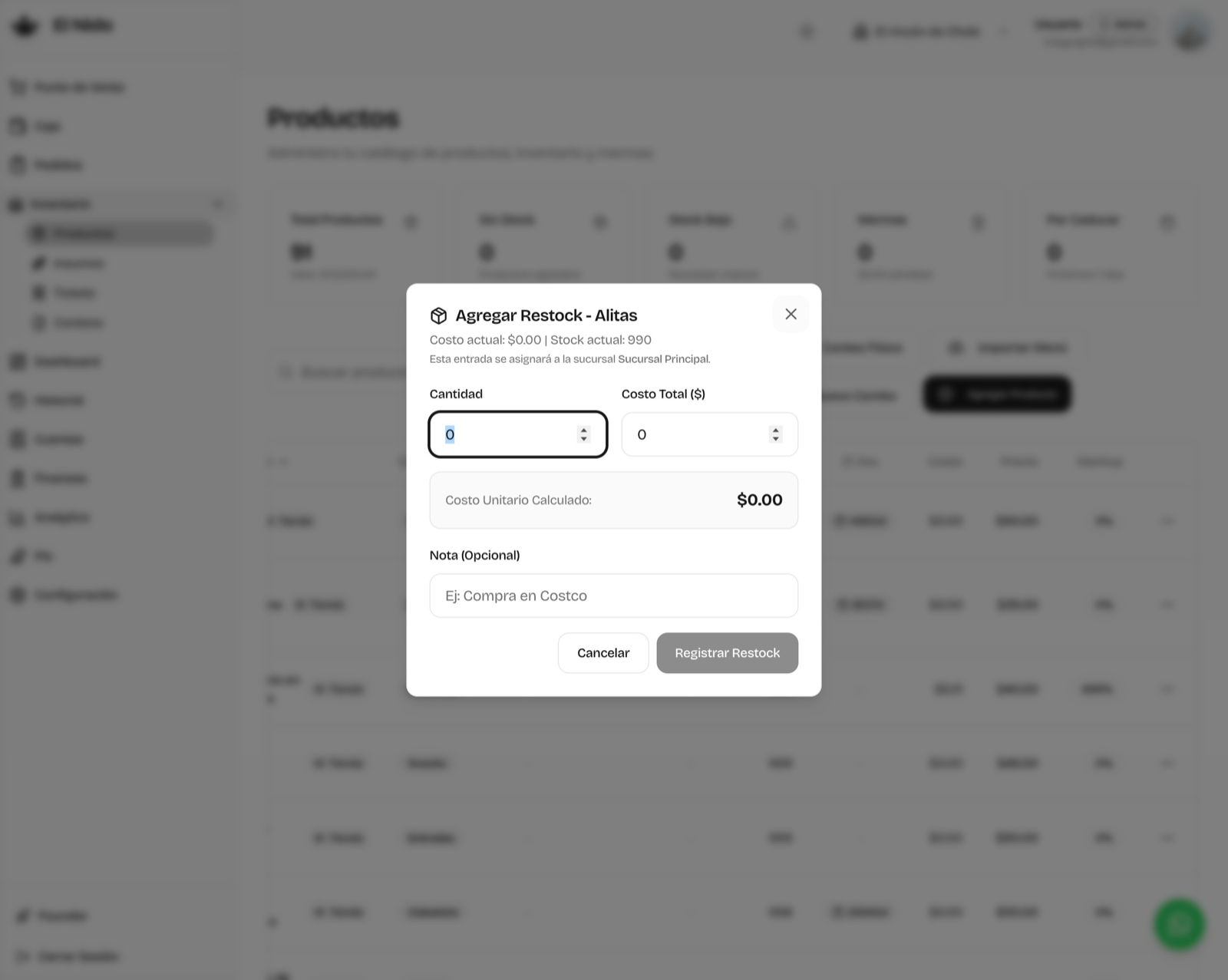 Diálogo Agregar Restock con los campos Cantidad, Costo Total y el Costo Unitario Calculado