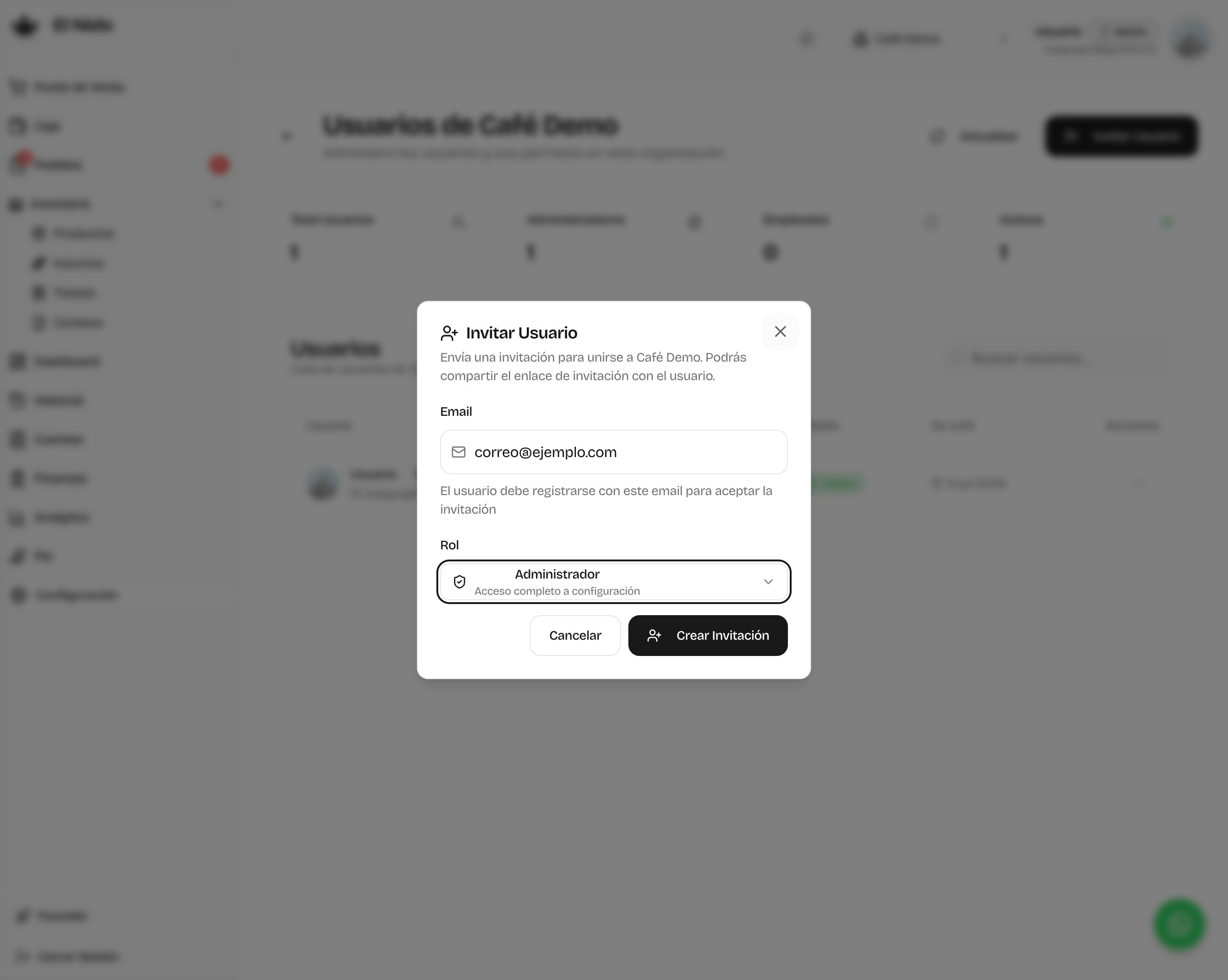 Selector de rol mostrando Administrador con acceso completo a configuración