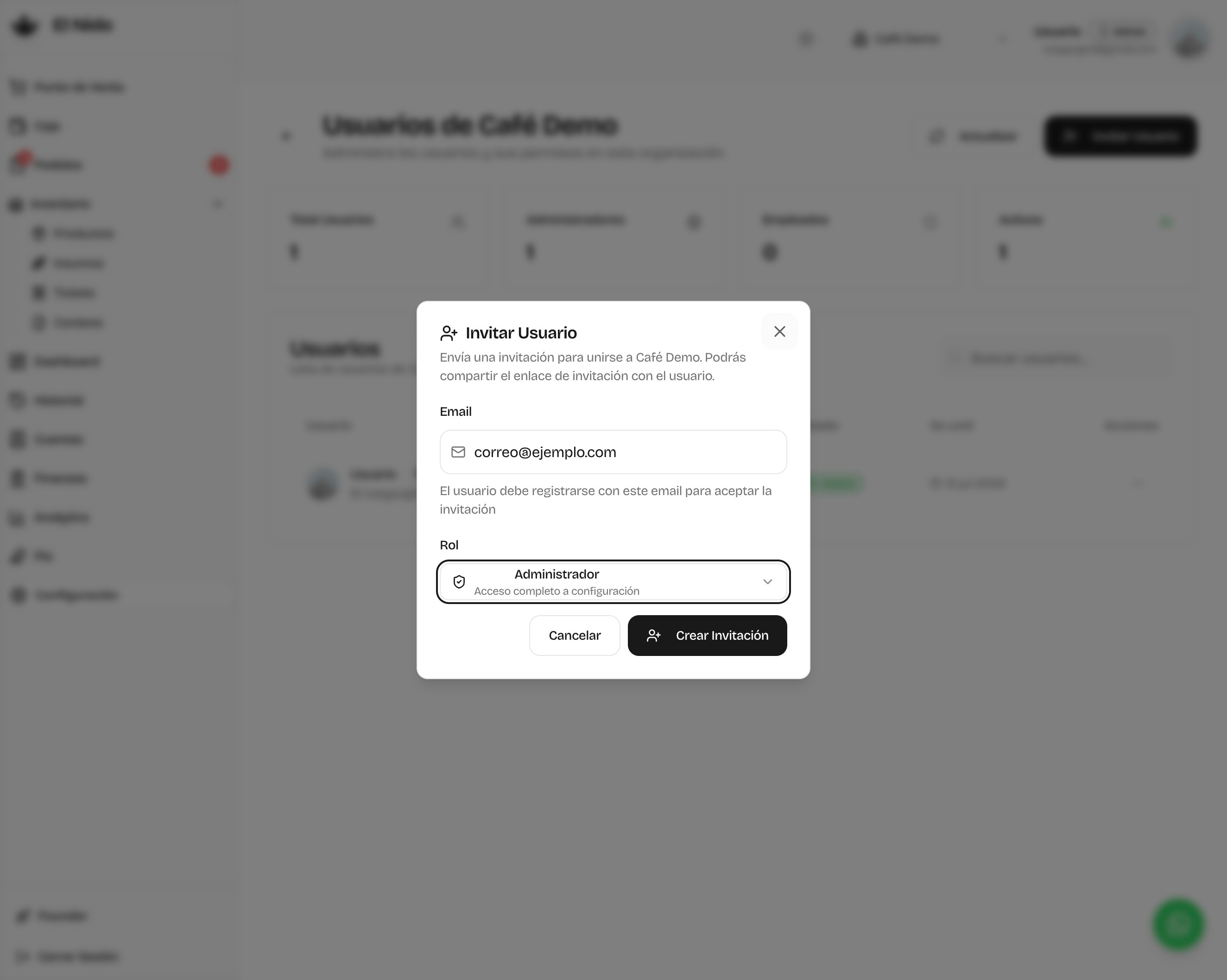 Selector de rol mostrando Administrador con acceso completo a configuración