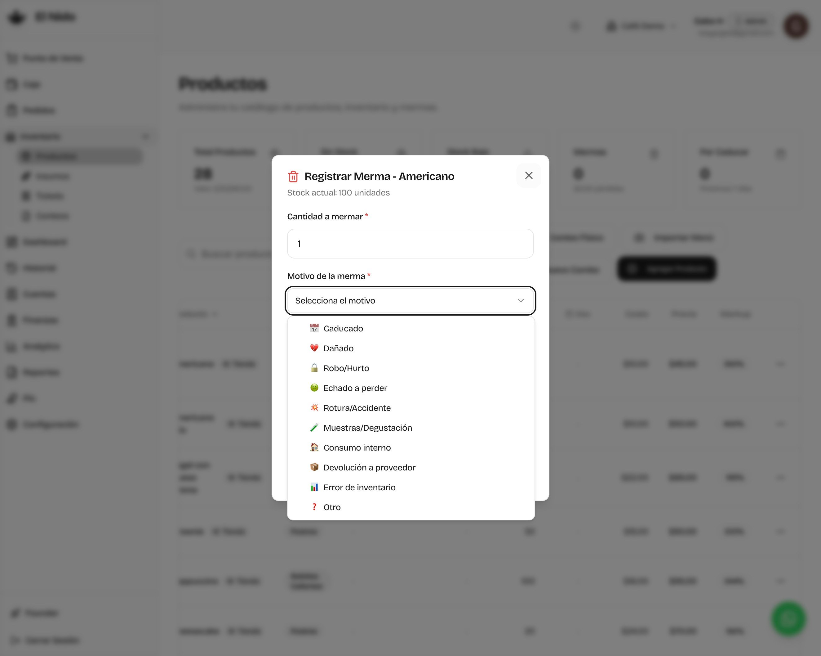 Diálogo de registro de merma con la lista de motivos