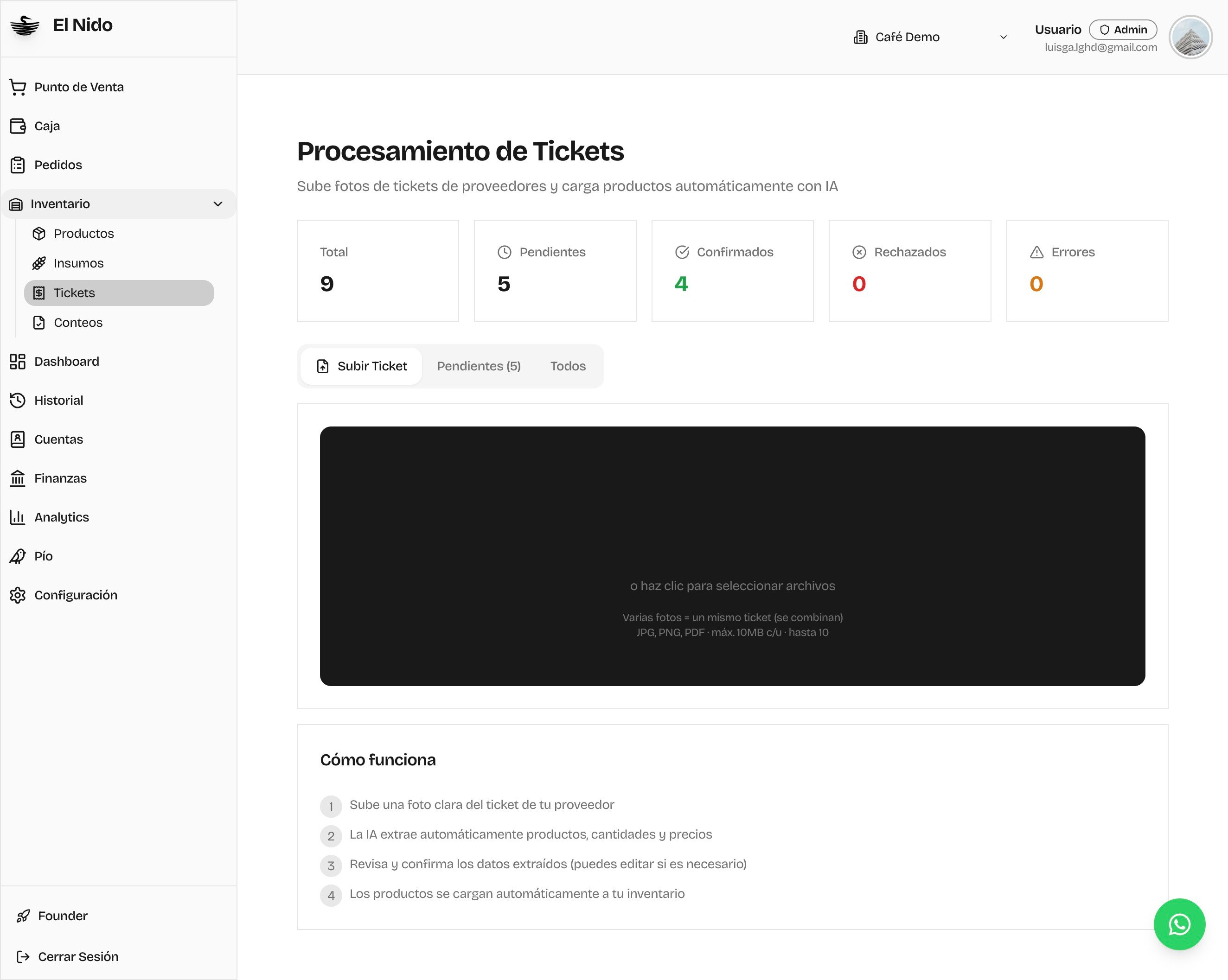 Pantalla de procesamiento de tickets con la zona para subir fotos