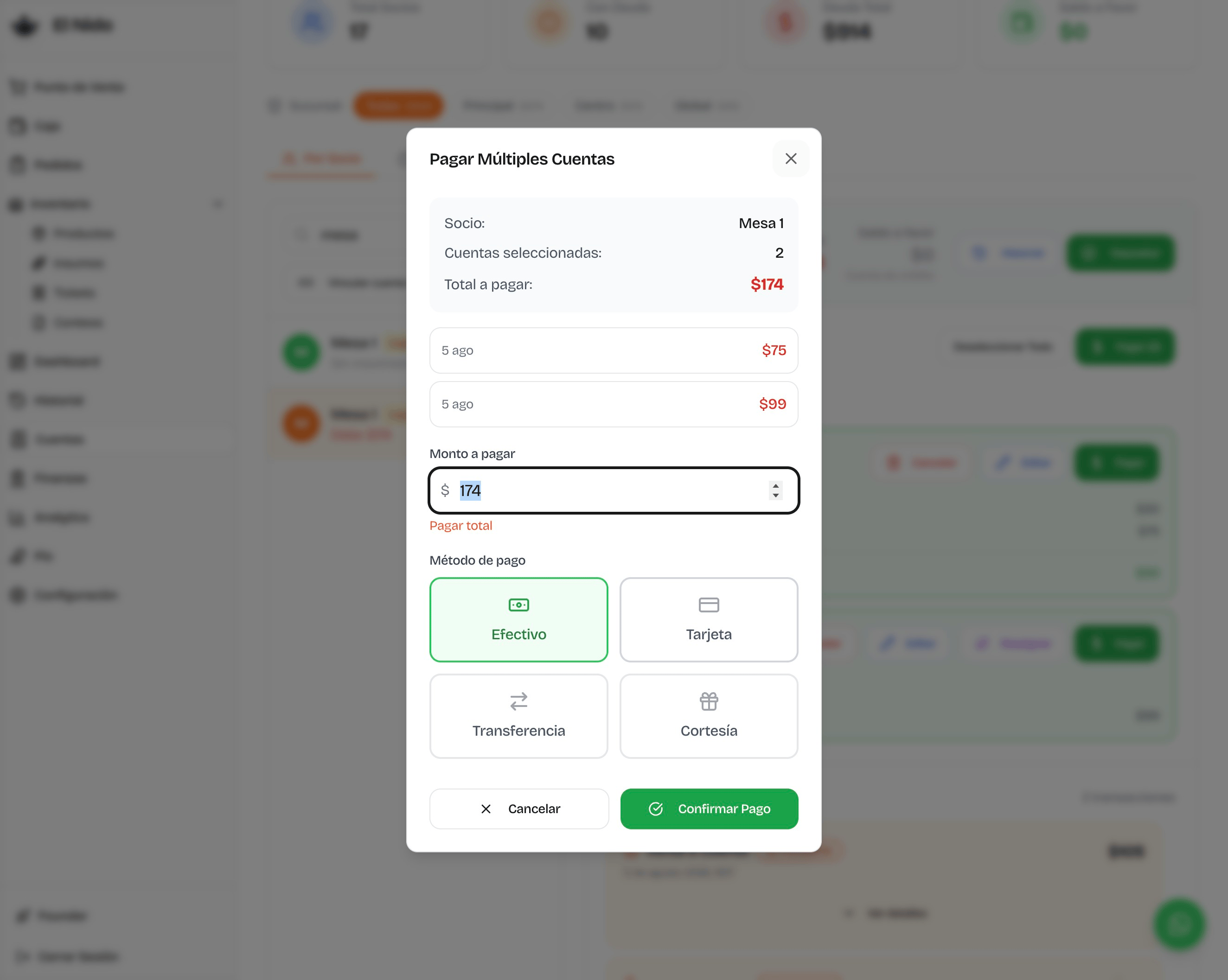 Diálogo Pagar Múltiples Cuentas con monto a pagar editable y métodos de pago Efectivo, Tarjeta, Transferencia y Cortesía