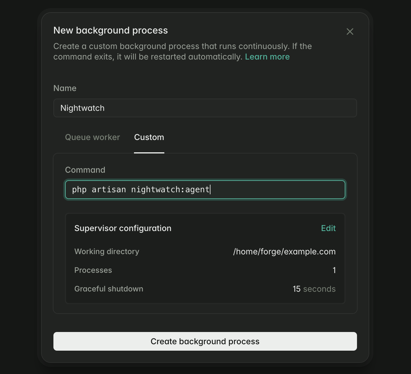 Nightwatch background process configuration