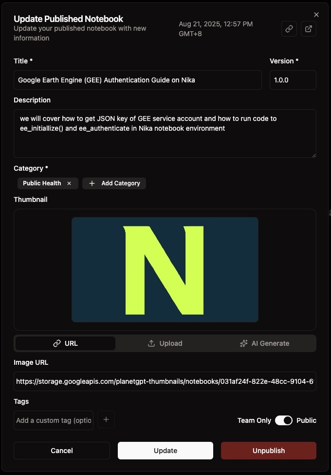 Nika Hub Publish Dialog