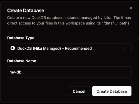 Create Managed DuckDB - Nika