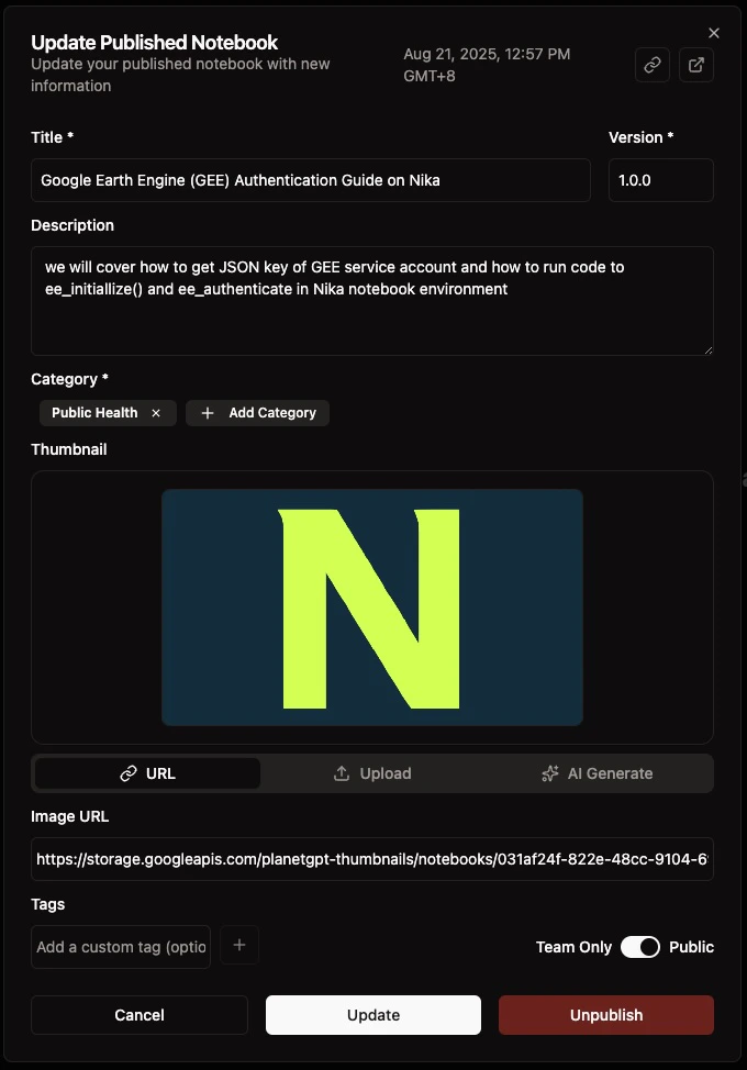 Nika Hub Publish Dialog
