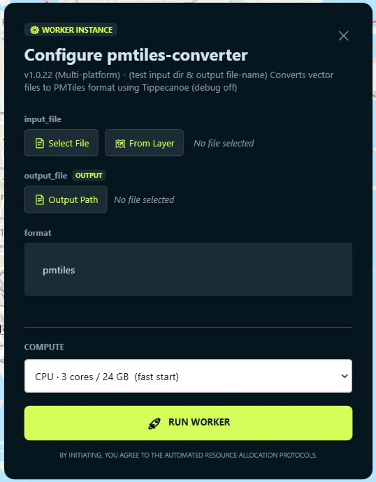 Job configuration window with input fields and compute tier selector