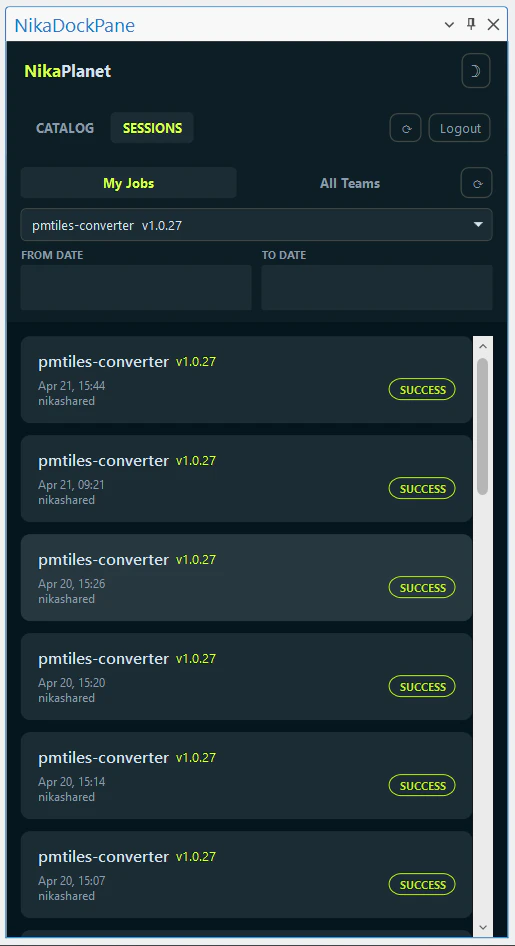 Job history tab with filter controls and past job cards