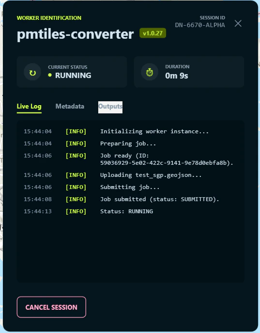 Live log view showing job status and streaming output