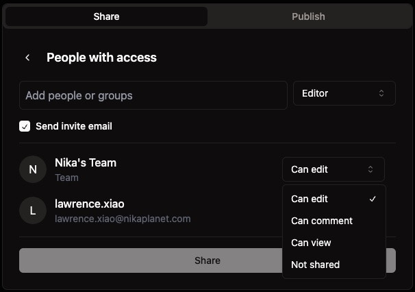 Share dialog with team access management