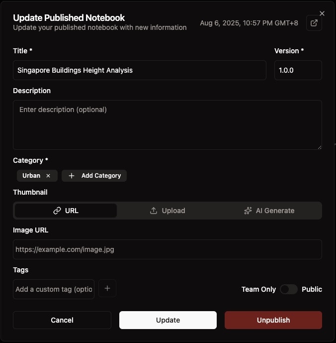 Update Published Notebook Dialog