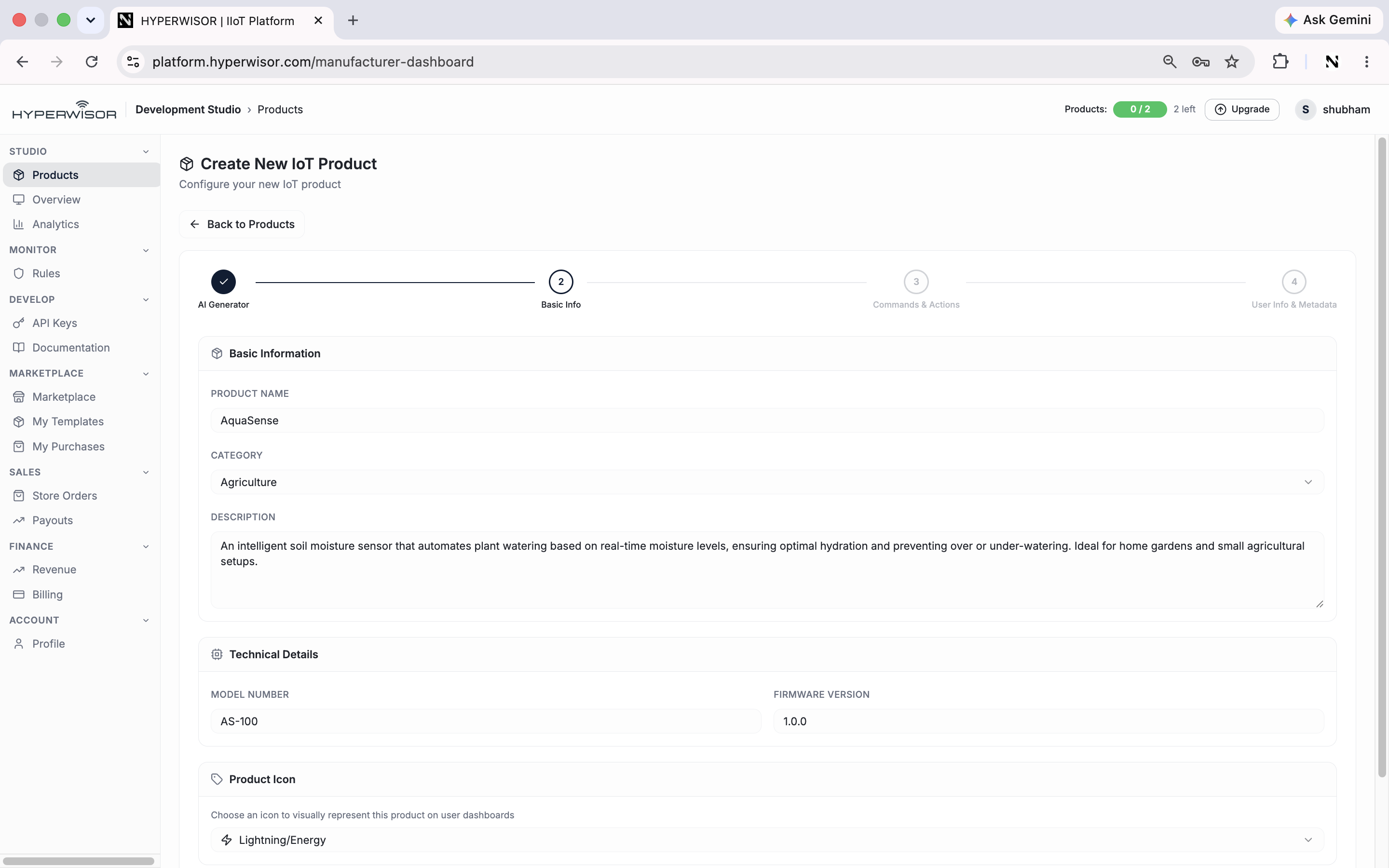 Basic Info step of the create wizard