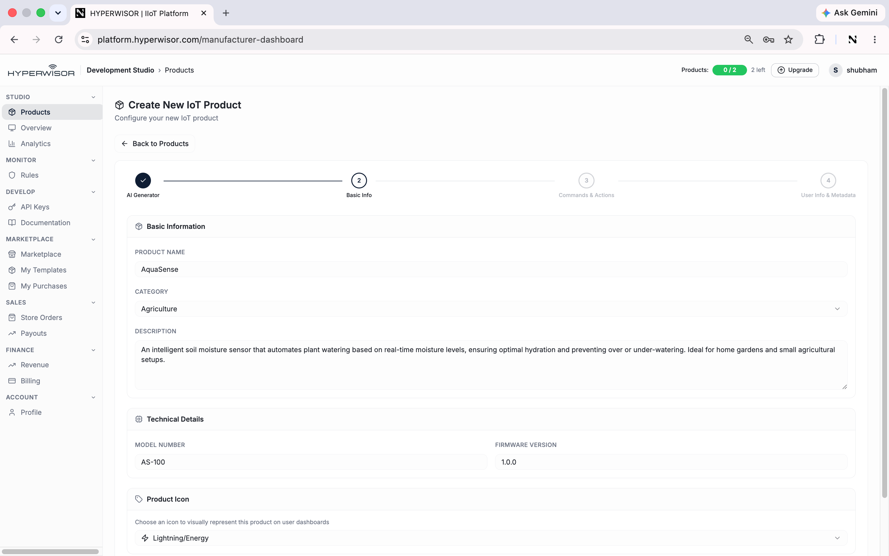 Basic Info step of the create wizard