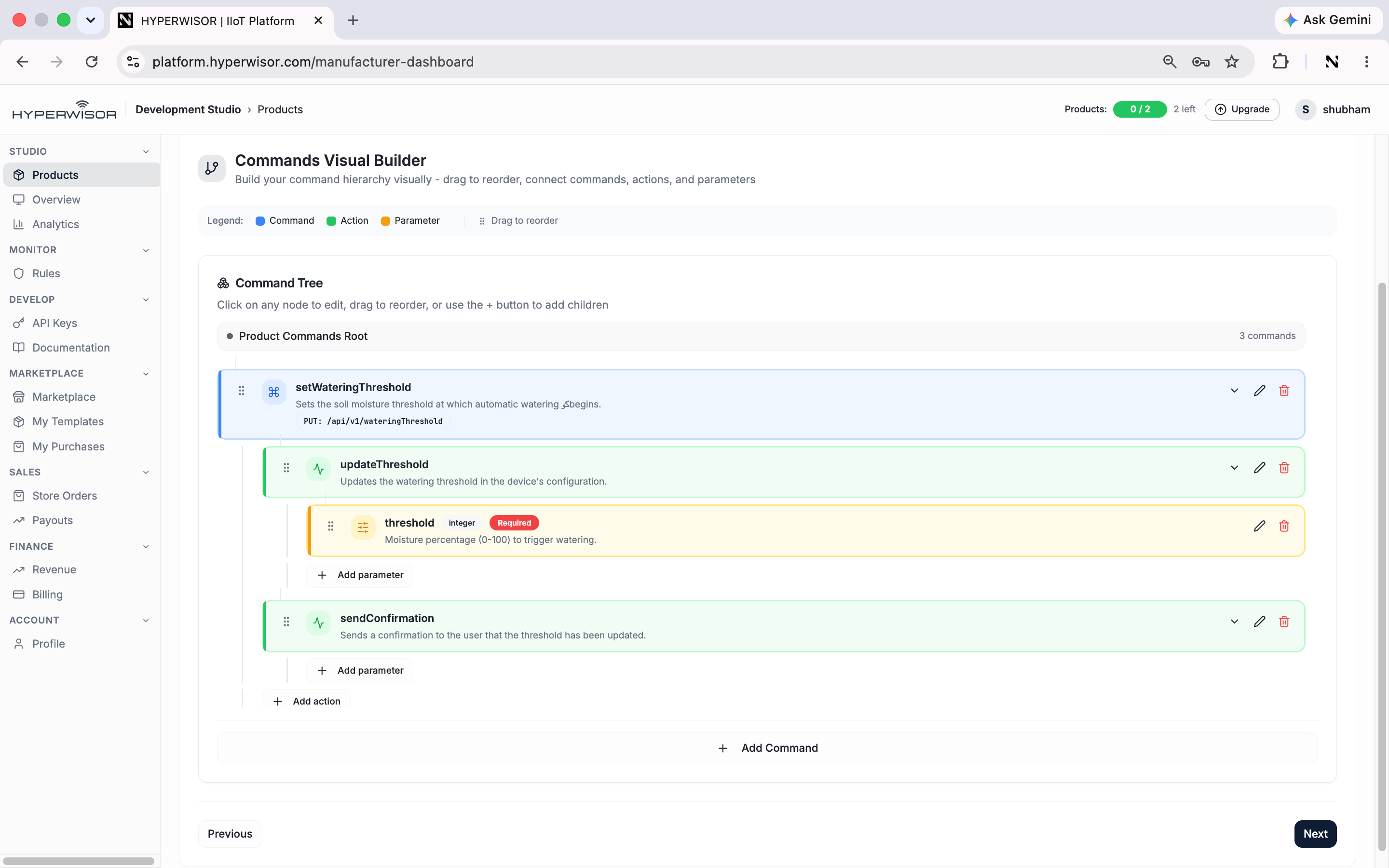 Commands and actions visual builder