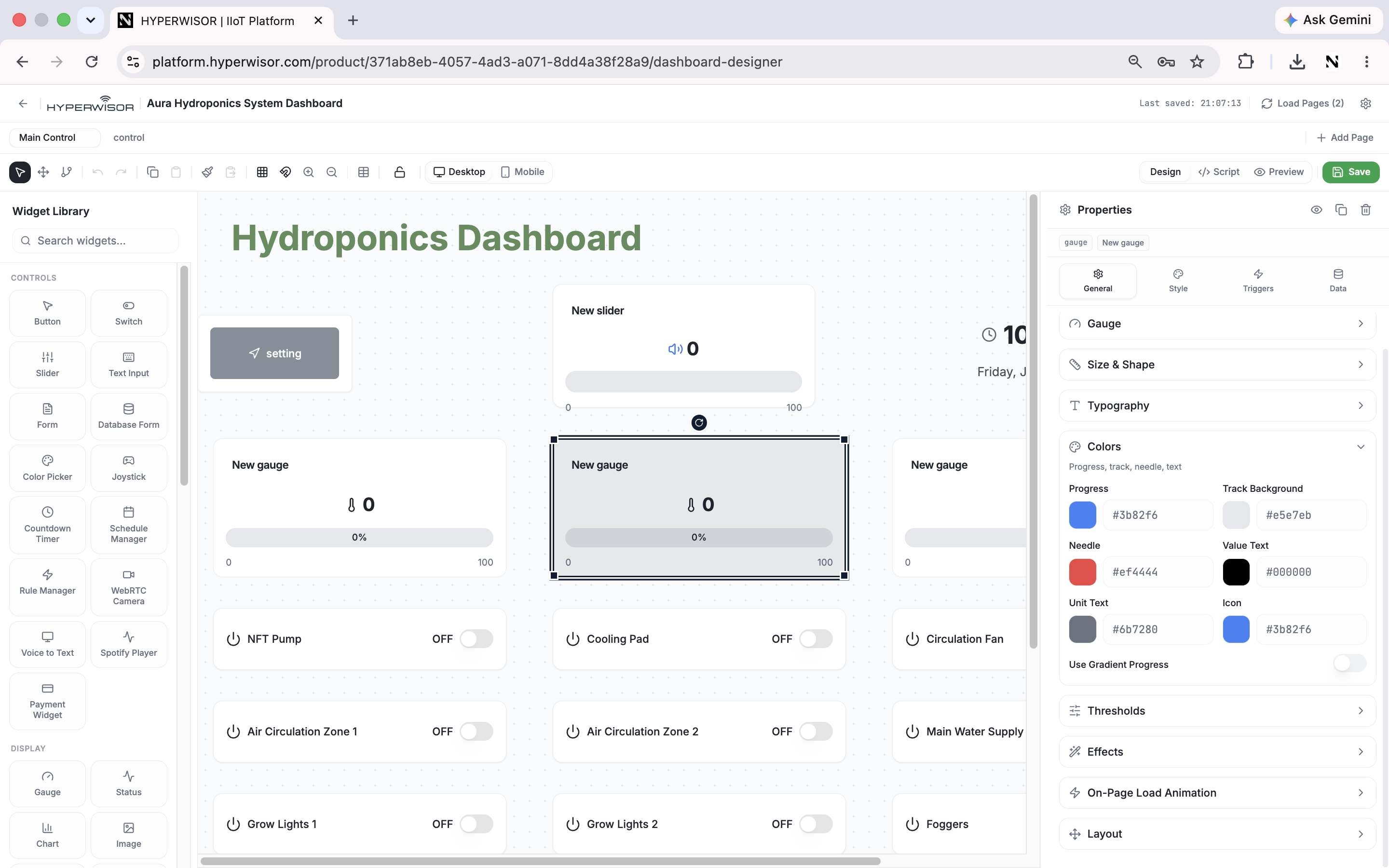 Dashboard Designer with a gauge selected