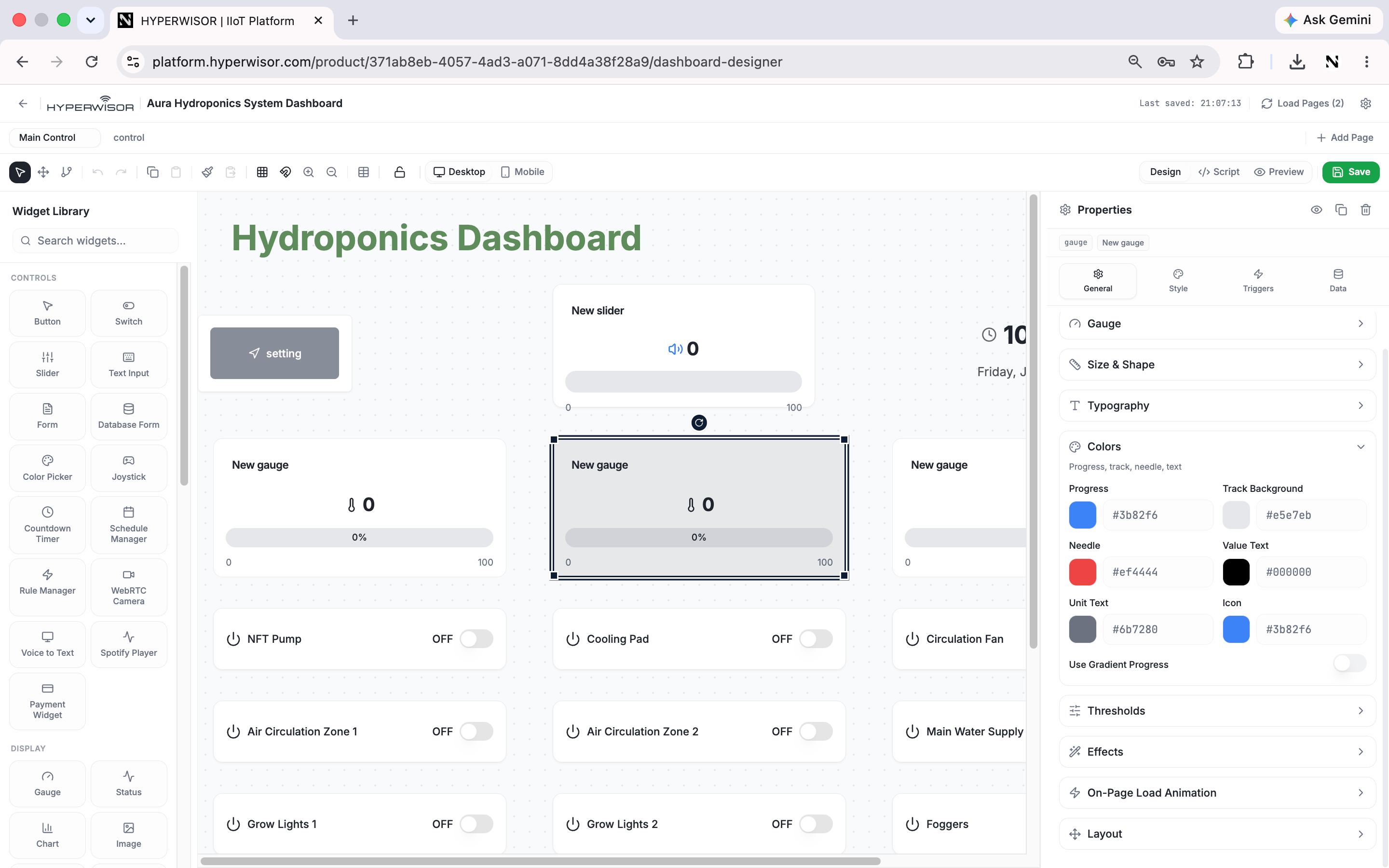 Dashboard Designer with a gauge selected