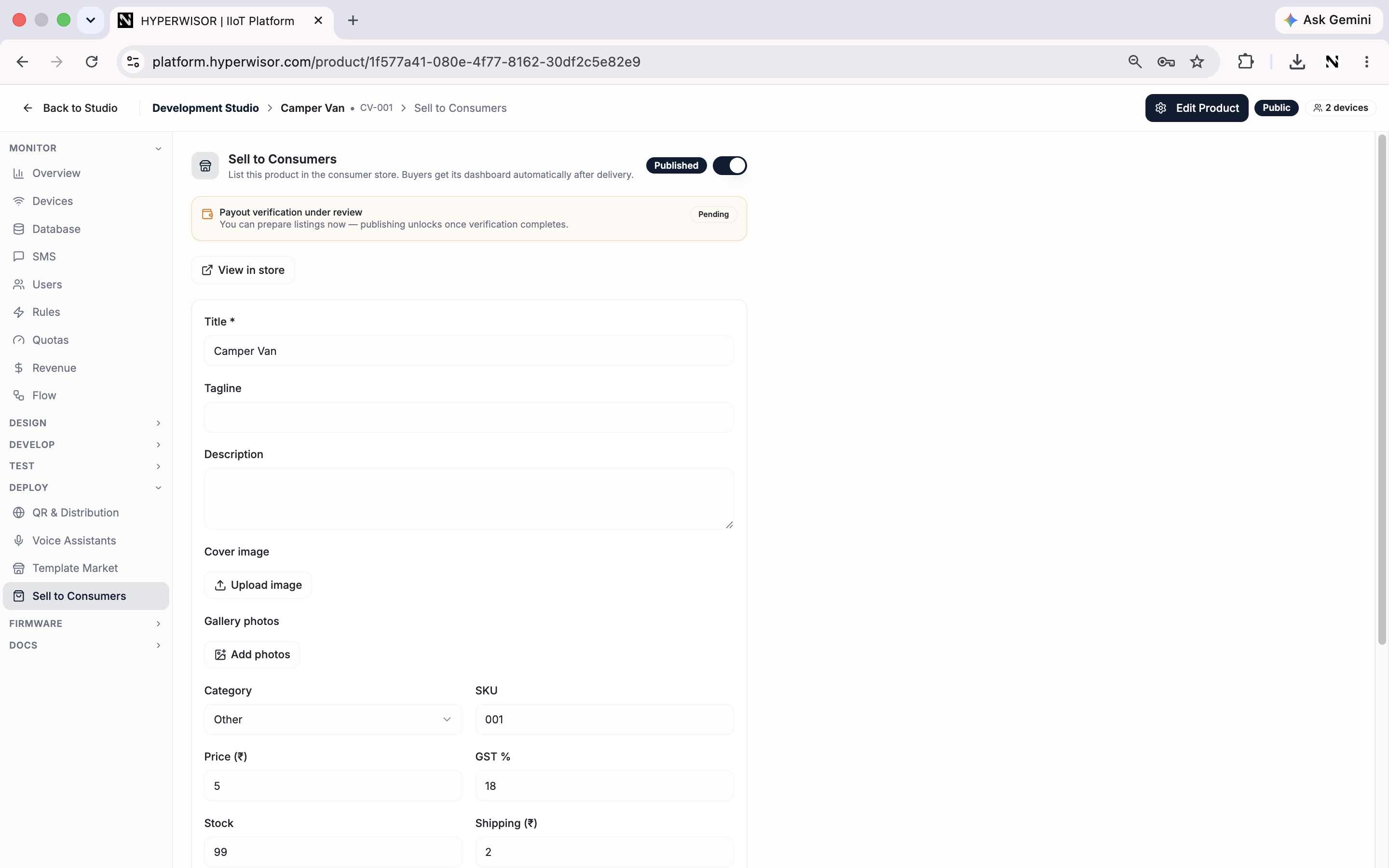 Sell to Consumers listing form
