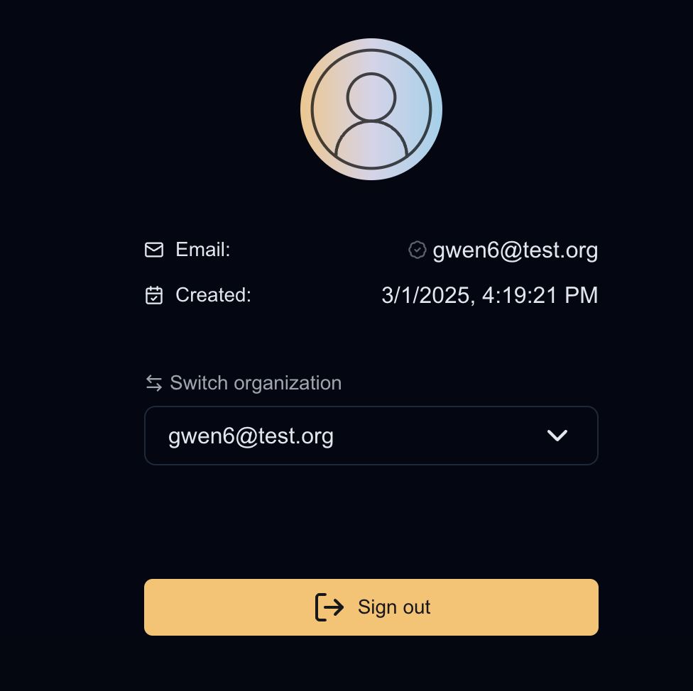 User profile and organization switcher