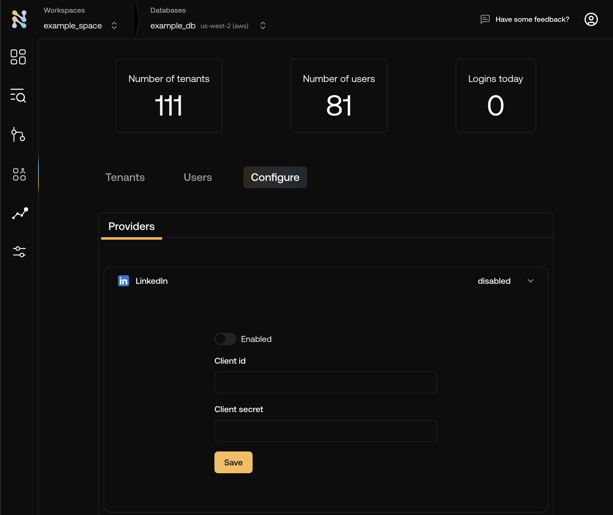 LinkedIn configuration on console.thenile.dev