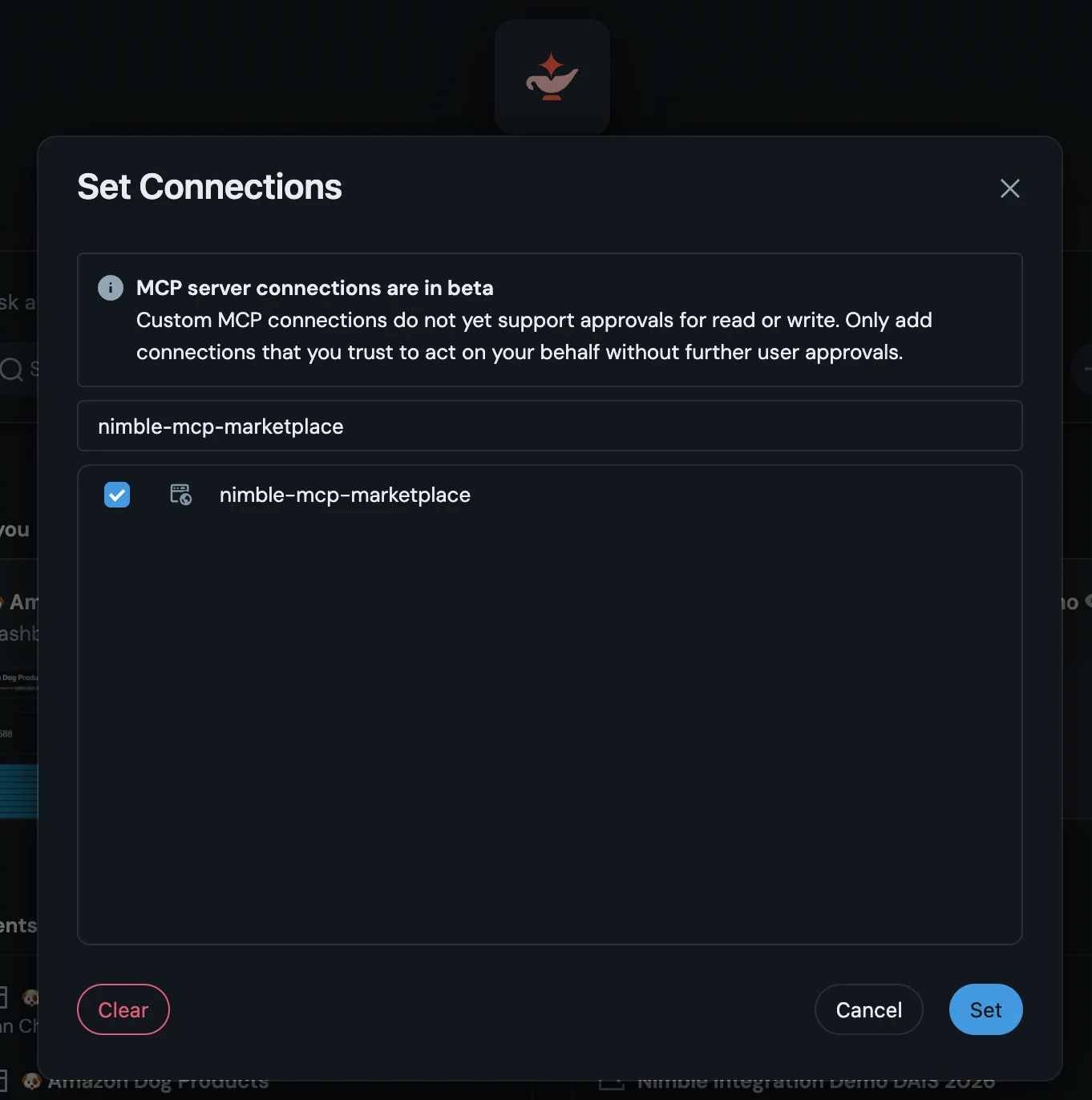Set Connections dialog with the Nimble MCP server connection enabled and the Beta notice
