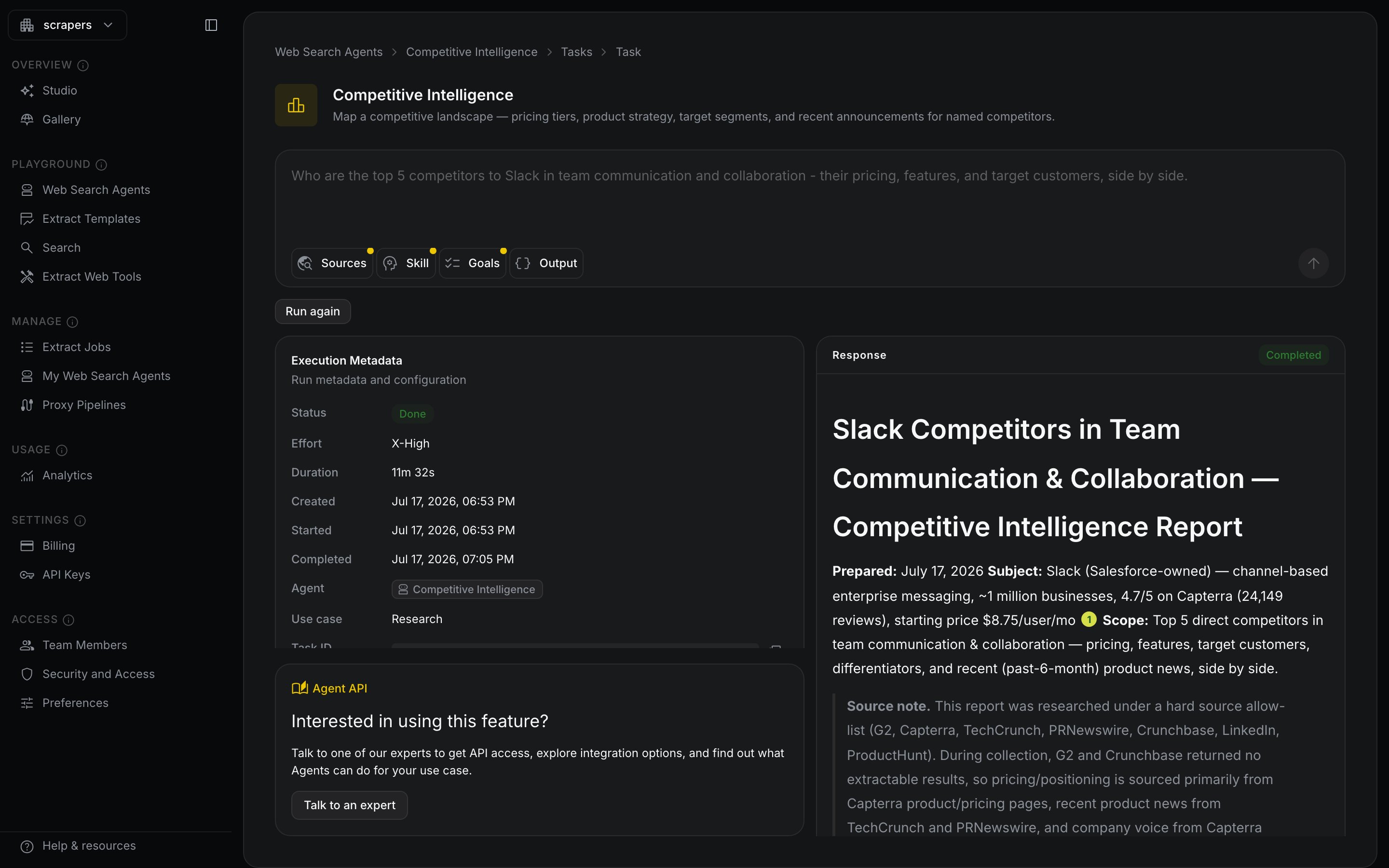 A completed Web Search Agent run showing a cited competitive-intelligence report