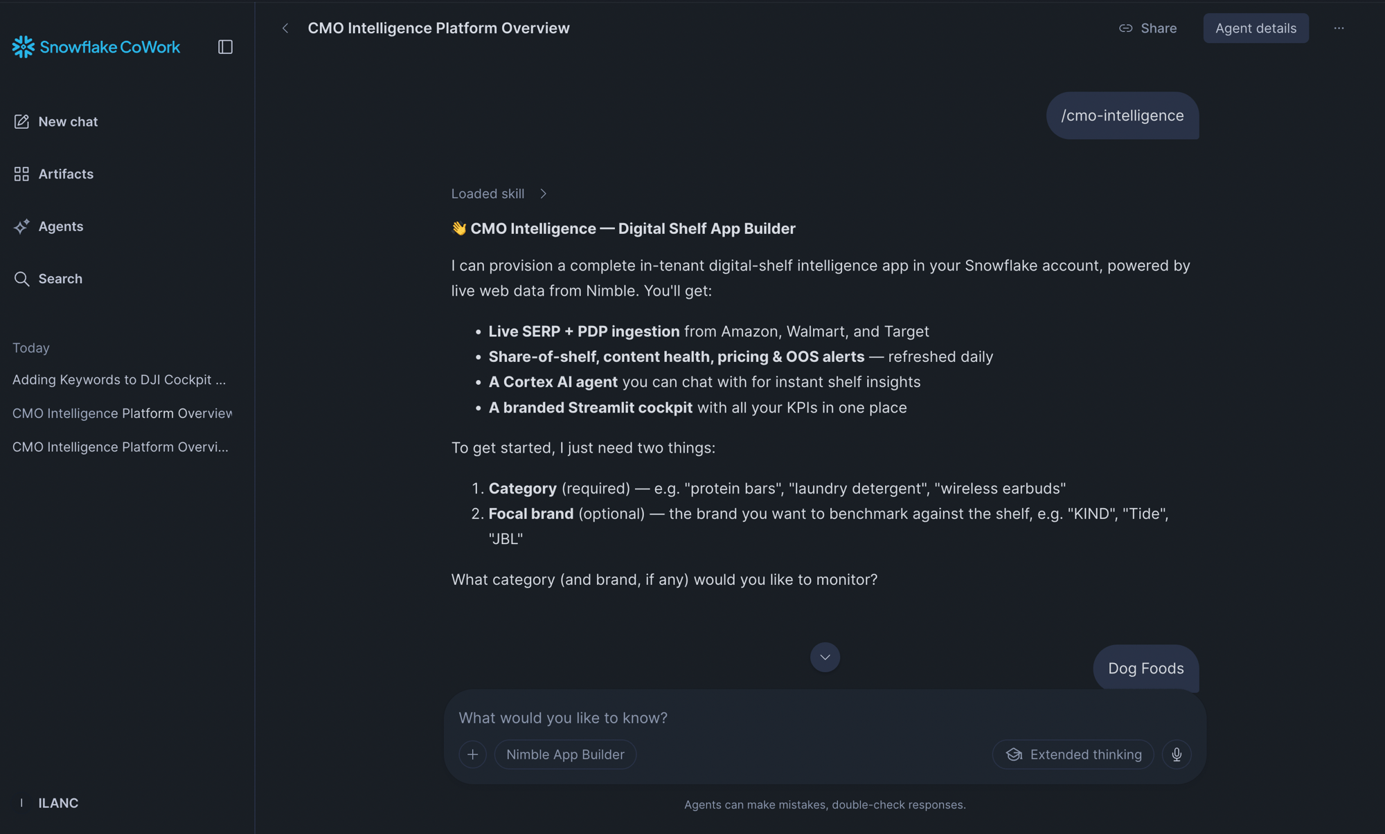 Snowflake CoWork with the cmo-intelligence skill loaded: the Nimble App Builder agent greets the user, lists what it builds, and asks for a category and optional focal brand