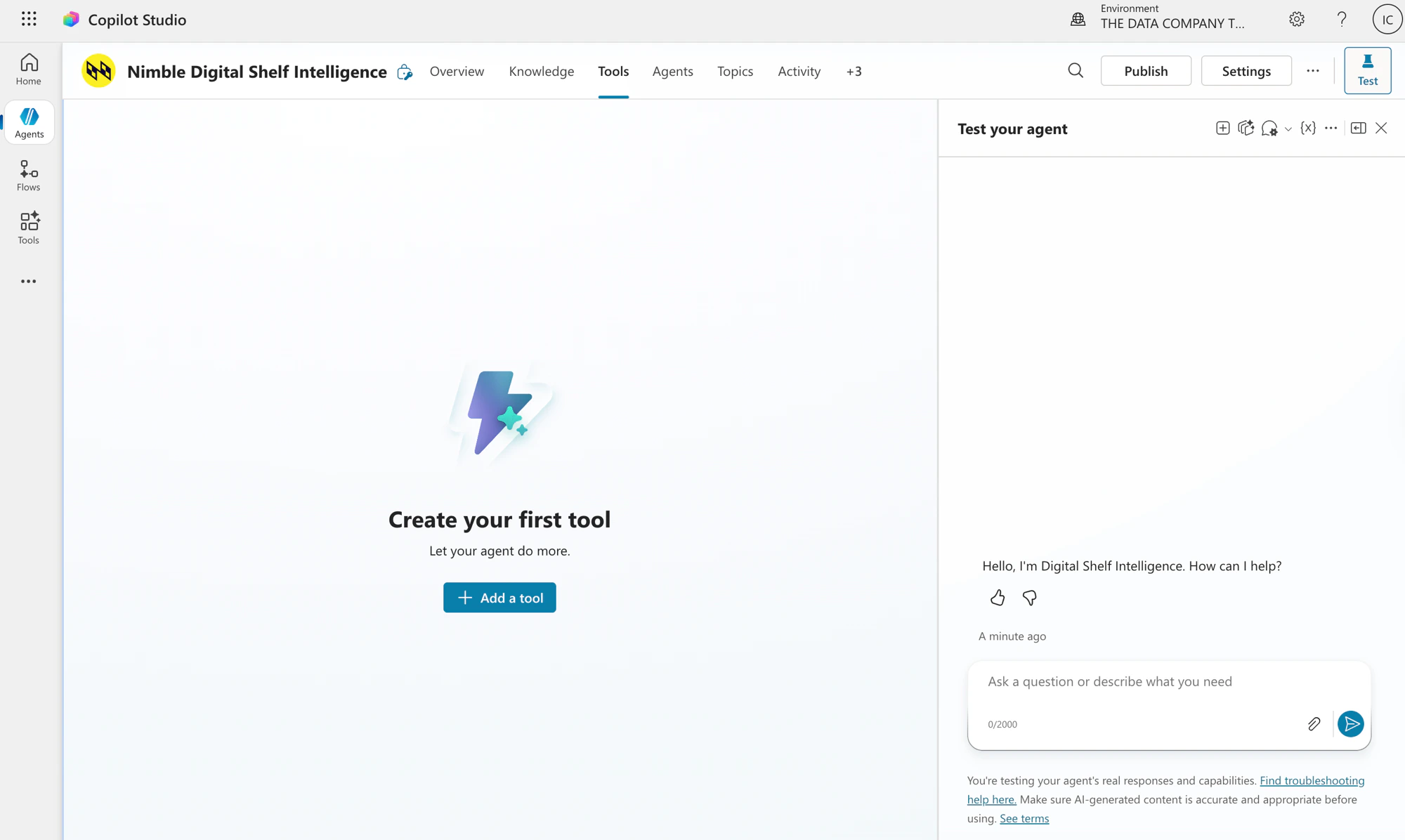 Copilot Studio agent Tools page with the Add a tool button