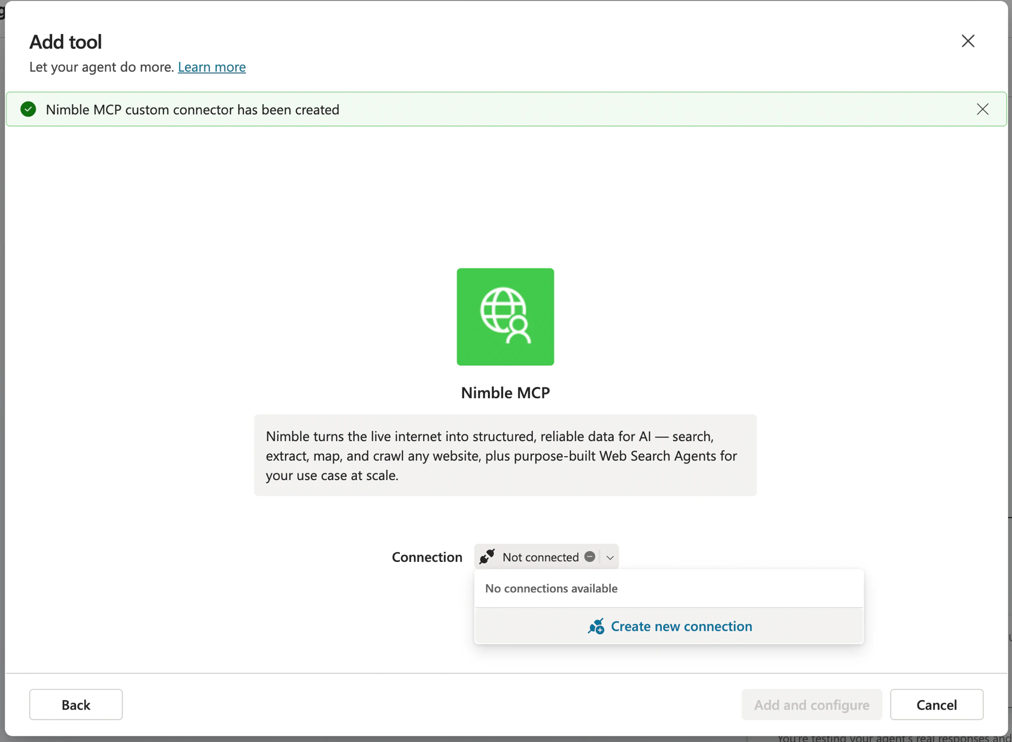 Copilot Studio Add tool dialog showing the Nimble MCP connector created and the Create new connection option