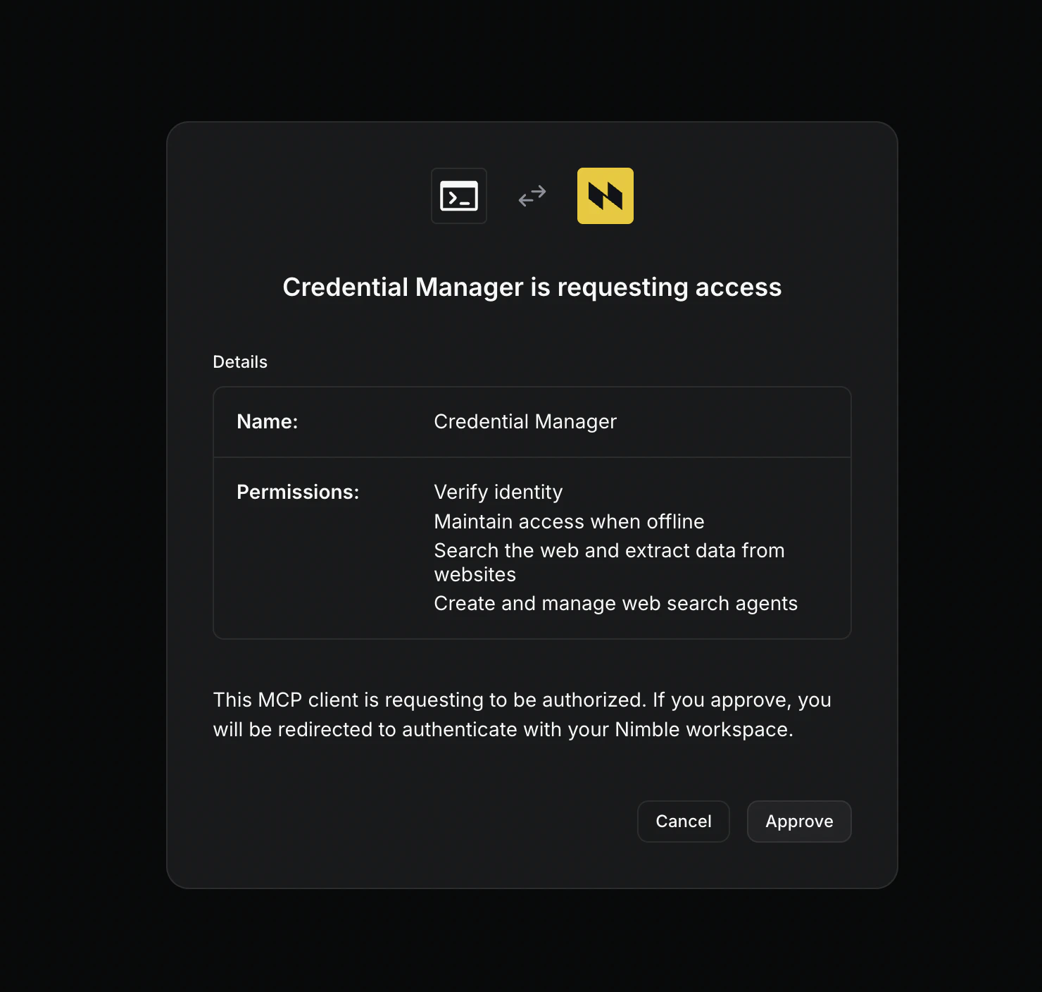Nimble OAuth consent screen requesting access with permissions to verify identity, maintain offline access, search and extract data, and manage web search agents