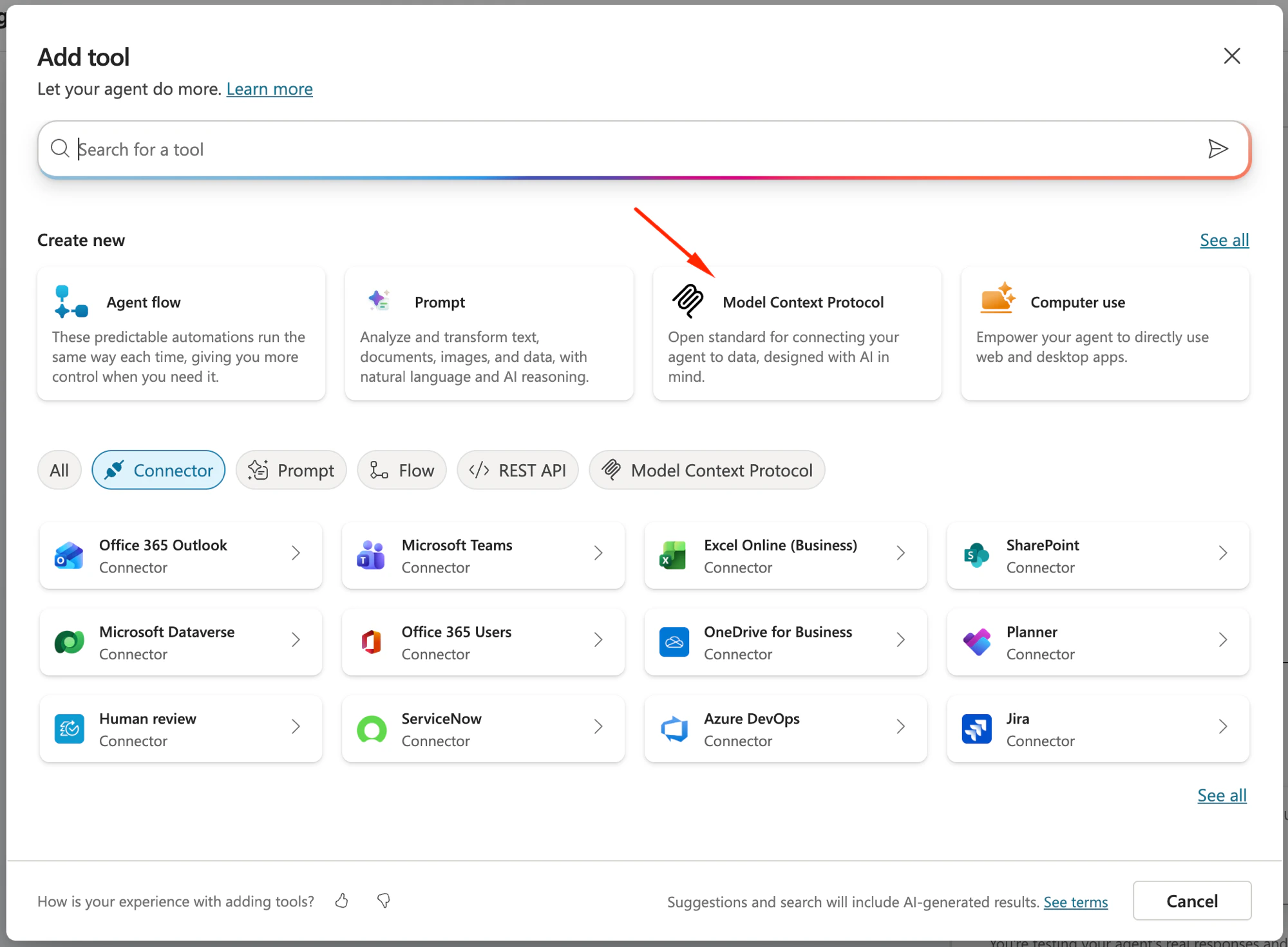 Copilot Studio Add tool dialog with the Model Context Protocol card highlighted