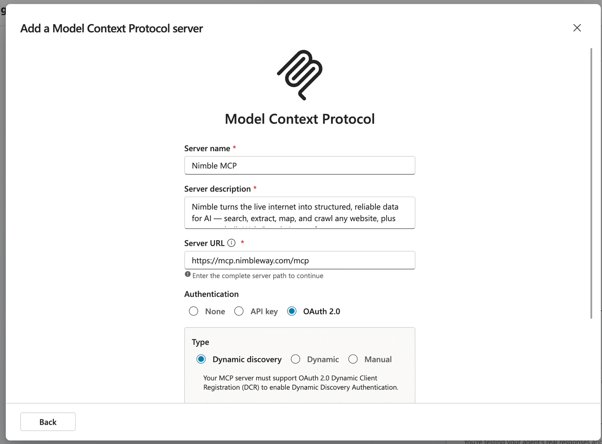 Copilot Studio Add a Model Context Protocol server form with server name, description, server URL, and OAuth 2.0 Dynamic discovery authentication