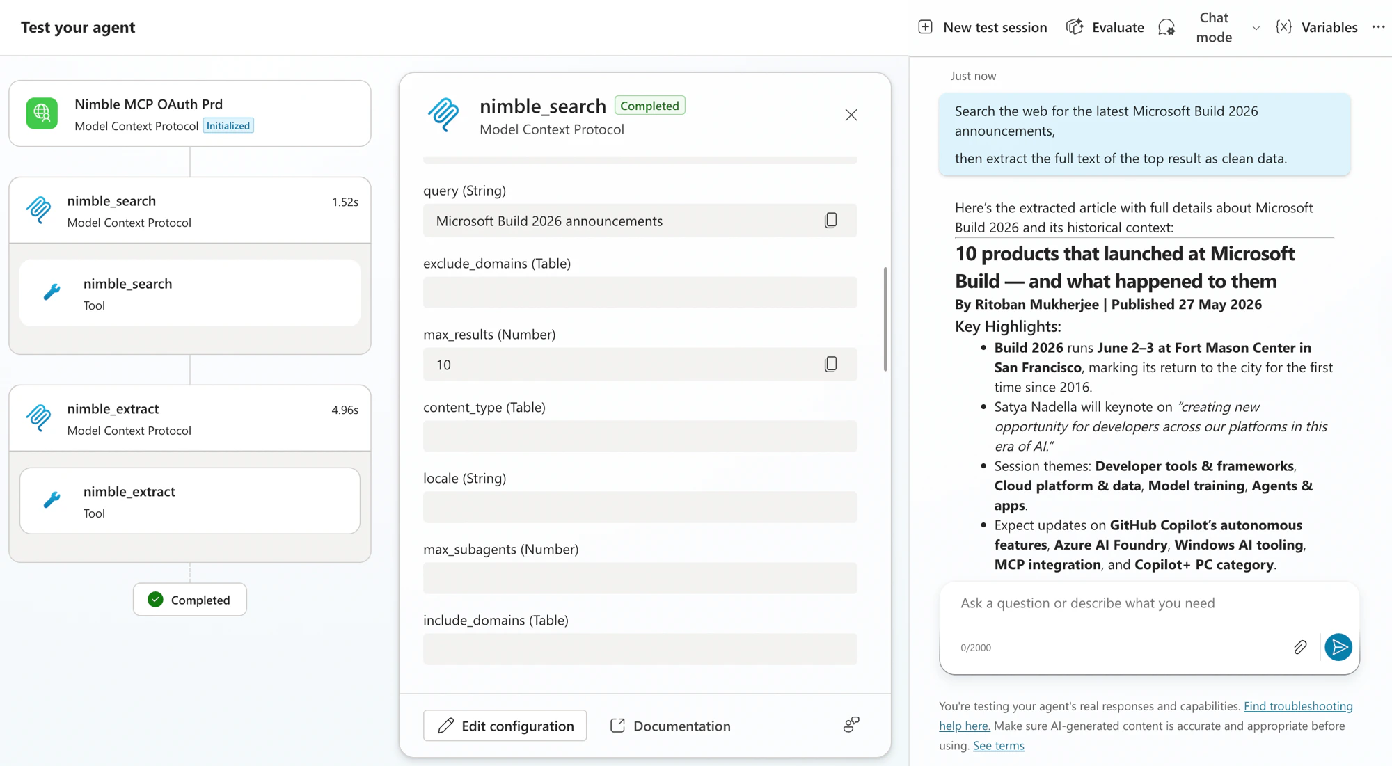 Copilot Studio test pane showing the agent invoking nimble_search and nimble_extract and returning live web results about Microsoft Build 2026