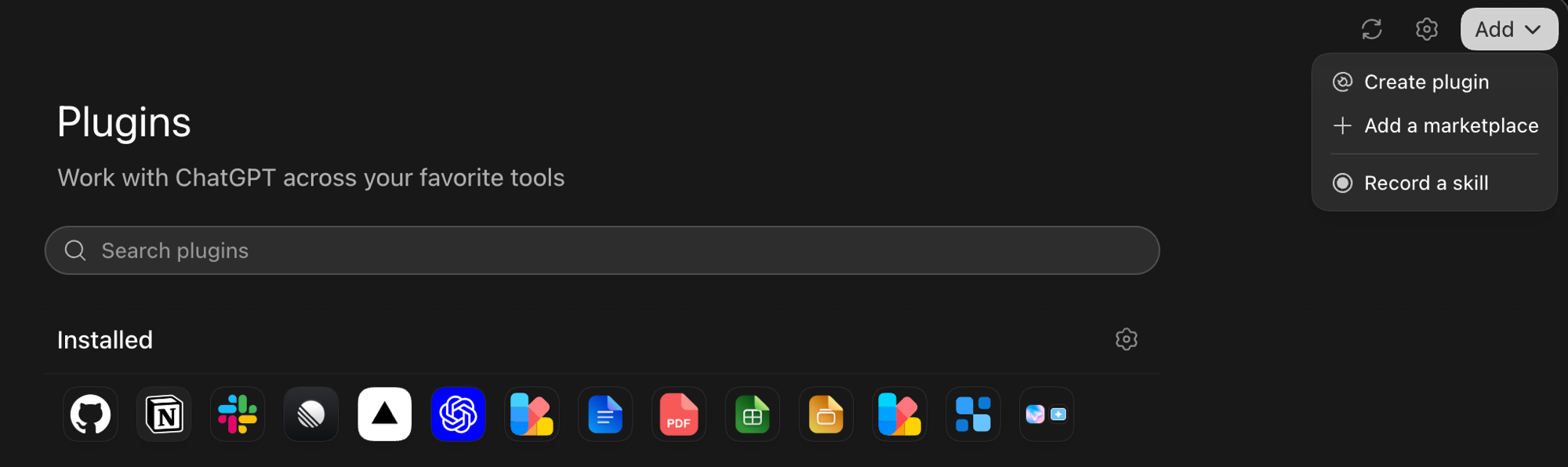 Codex Plugins screen with the Add menu open, offering Create plugin, Add a marketplace, and Record a skill