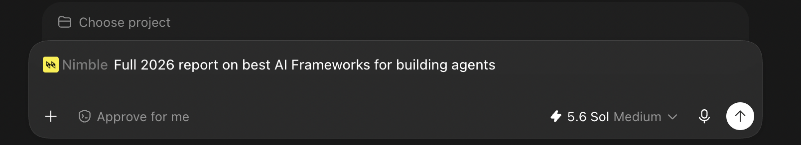 Codex composer with a Nimble chip attached to the prompt Full 2026 report on best AI Frameworks for building agents