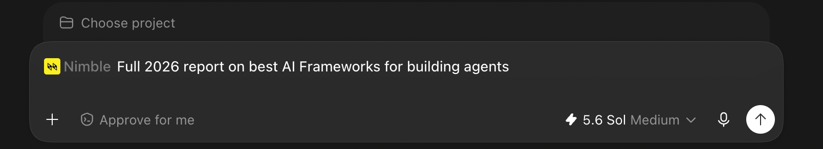 Codex composer with a Nimble chip attached to the prompt Full 2026 report on best AI Frameworks for building agents
