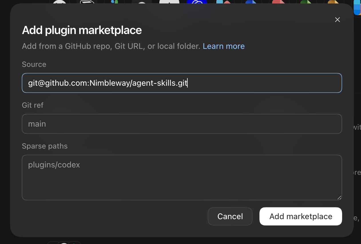 Add plugin marketplace dialog with the Nimble agent-skills repository in the Source field, empty Git ref and Sparse paths, and an Add marketplace button