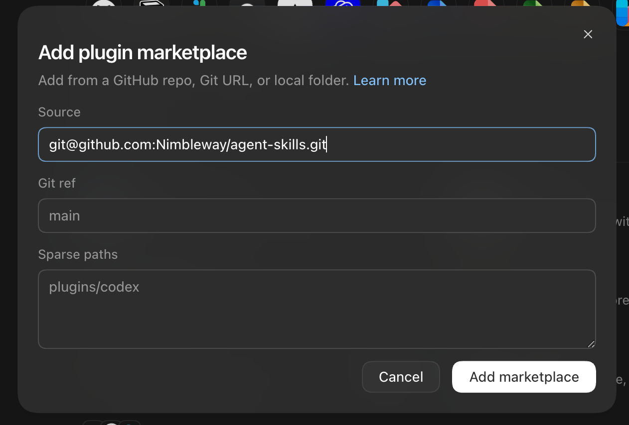 Add plugin marketplace dialog with the Nimble agent-skills repository in the Source field, empty Git ref and Sparse paths, and an Add marketplace button