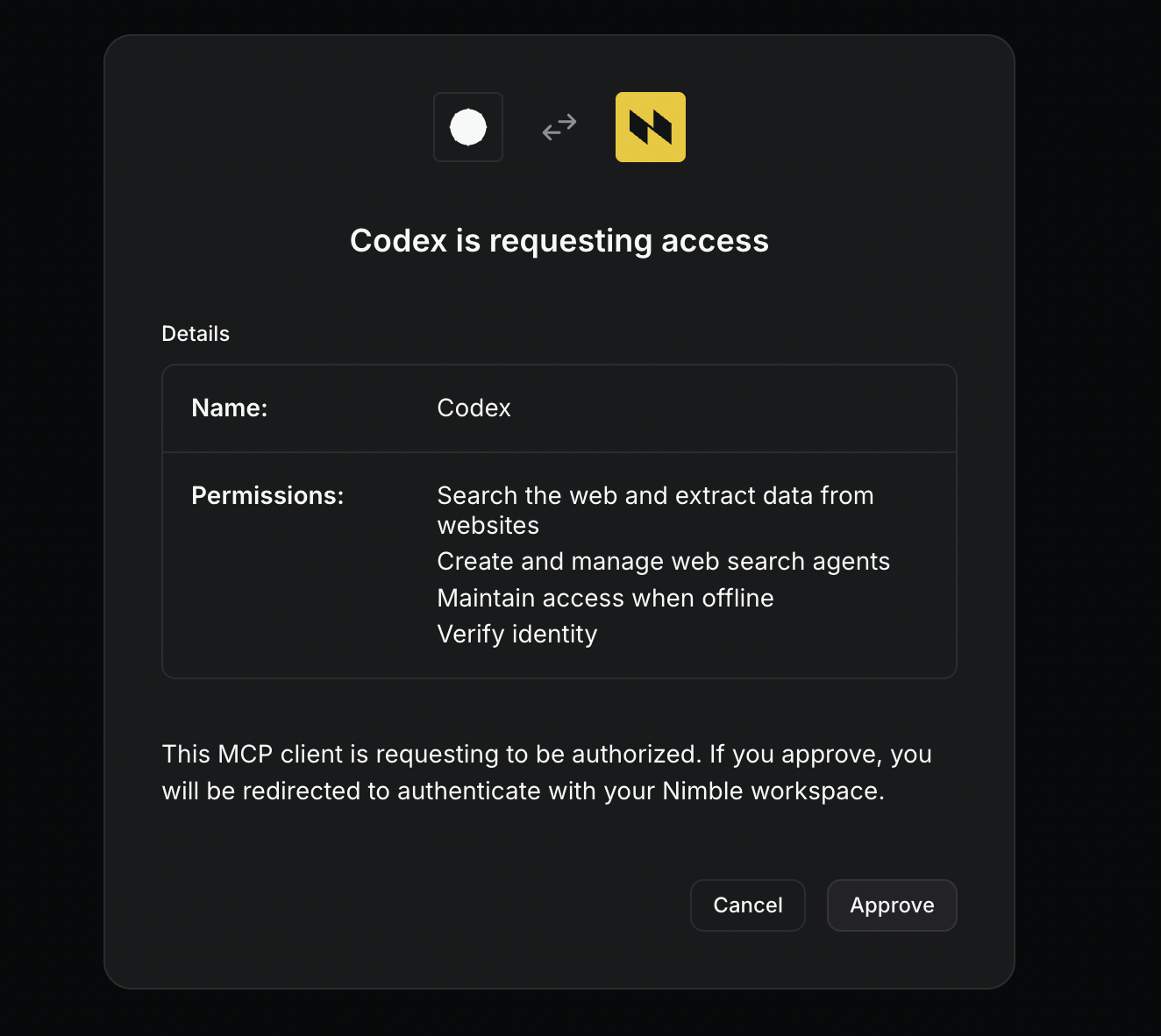 OAuth dialog titled Codex is requesting access, listing permissions to search the web and extract data, create and manage web search agents, maintain access when offline, and verify identity, with Cancel and Approve buttons