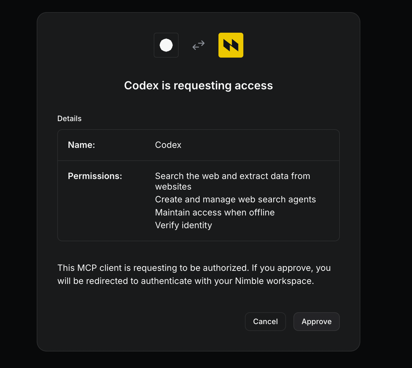 OAuth dialog titled Codex is requesting access, listing permissions to search the web and extract data, create and manage web search agents, maintain access when offline, and verify identity, with Cancel and Approve buttons