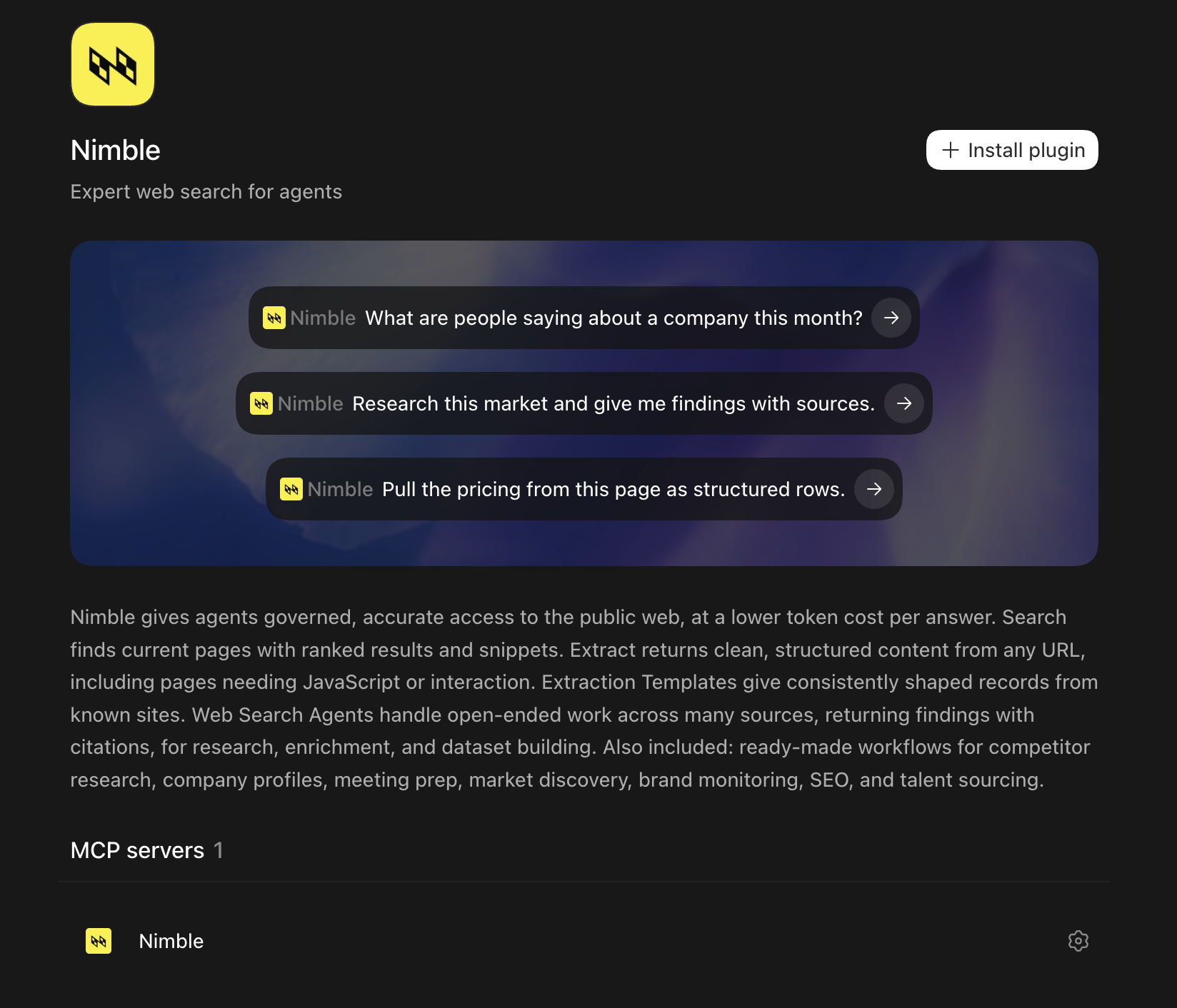 Nimble plugin page in Codex showing the Install plugin button, three starter prompts, the plugin description, and one MCP server named Nimble