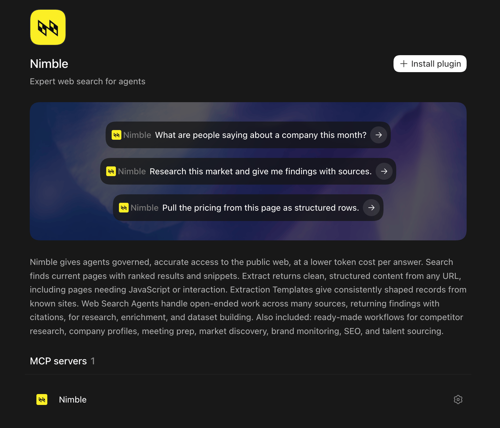 Nimble plugin page in Codex showing the Install plugin button, three starter prompts, the plugin description, and one MCP server named Nimble