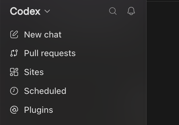 Codex left menu listing New chat, Pull requests, Sites, Scheduled, and Plugins