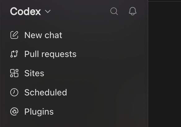Codex left menu listing New chat, Pull requests, Sites, Scheduled, and Plugins